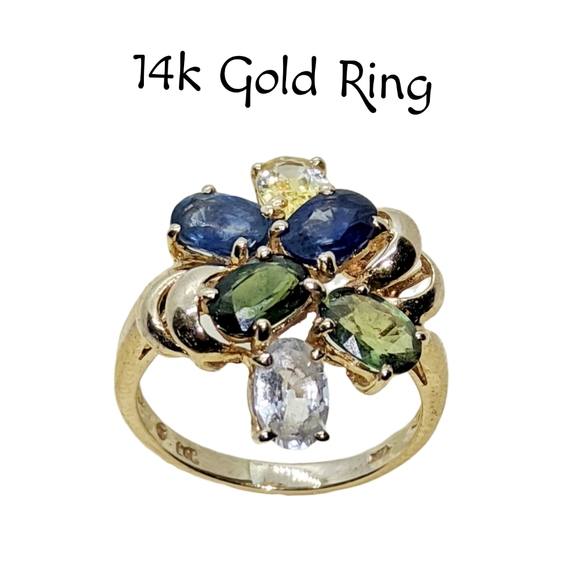 Jewelry - 14k Gold ~ Asymmetrical Ring with Peridot, Sapphire, Topaz, Citrine, & Z…